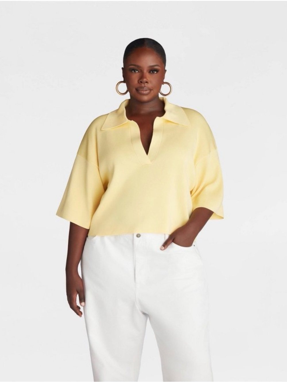 NWT KBB by Kahlana Yellow V-Neck Polo Top Size XXL. Pallet dust on front.